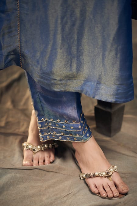 Shop Hirika & Dhruti Blue Tissue Embroidery, Tassels Collared Zardozi Kurta Pant Set Online at Aza Fashions Shop_Hirika & Dhruti_Blue Tissue Embroidery, Tassels Collared Zardozi Kurta Pant Set _Online_at_Aza_Fashions