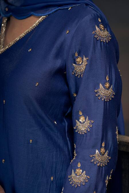 Hirika & Dhruti_Blue Silk, Chanderi, Organza, Cotton Sequins, Chaand Straight Kurta Set _Online_at_Aza_Fashions