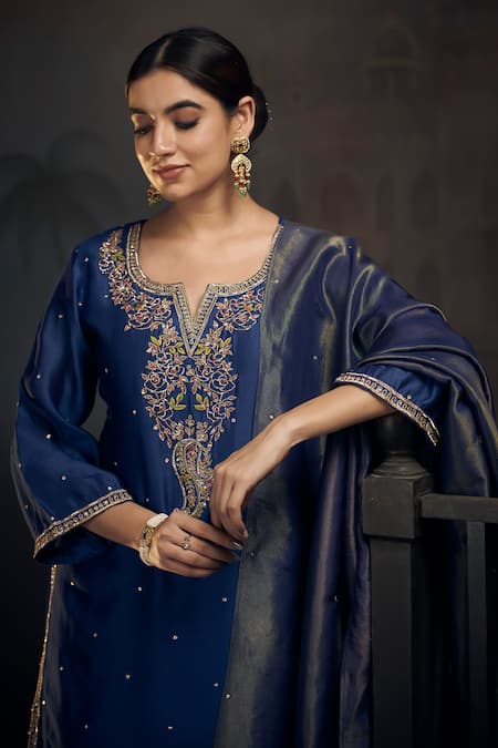 Hirika & Dhruti_Blue Tissue Embroidery, Sequins Split V-neck Rose Pita Kurta Sharara Set _Online_at_Aza_Fashions