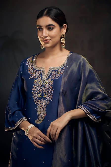 Buy_Hirika & Dhruti_Blue Tissue Embroidery, Sequins Split V-neck Rose Pita Kurta Sharara Set _Online_at_Aza_Fashions