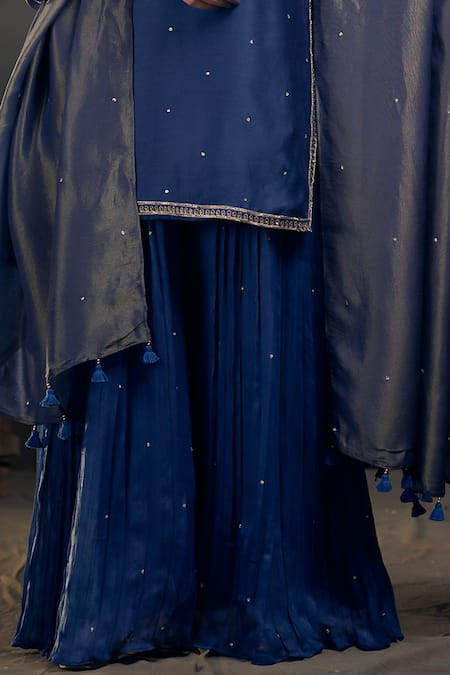 Shop_Hirika & Dhruti_Blue Tissue Embroidery, Sequins Split V-neck Rose Pita Kurta Sharara Set _Online_at_Aza_Fashions