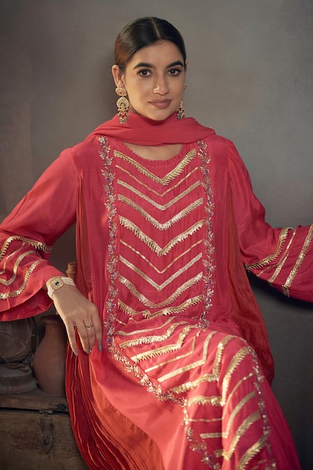 Shop Hirika & Dhruti Pink Organza, , Satin Gota Patti Round Work Kurta Dhoti Pant Set at Aza Fashions Shop_Hirika & Dhruti_Pink Organza, , Satin Gota Patti Round Work Kurta Dhoti Pant Set _at_Aza_Fashions