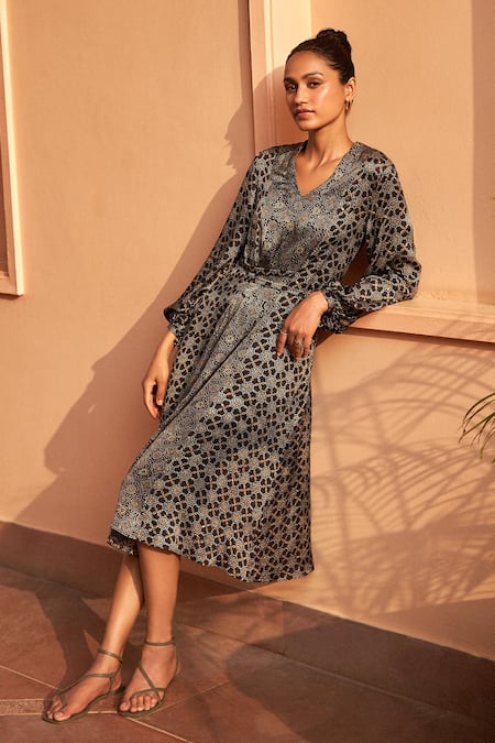 Grassroot By Anita Dongre Black Modal V-neck Breath Ajrakh Block Print Dress
