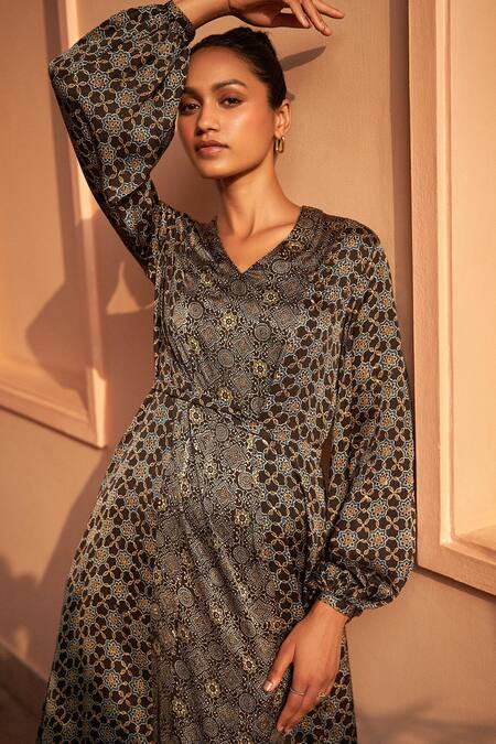 Grassroot By Anita Dongre_Black Modal V-neck Breath Ajrakh Block Print Dress_Online_at_Aza_Fashions