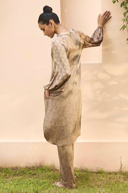 Shop Grassroot By Anita Dongre Brown Modal Embroidery Bandeau Calm Hand Block Print Kurta And Pant Co-ord Set at Aza Fashions Shop_Grassroot By Anita Dongre_Brown Modal Embroidery Bandeau Calm Hand Block Print Kurta And Pant Co-ord Set_at_Aza_Fashions