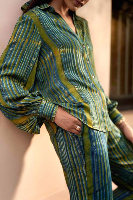 Grassroot By Anita Dongre_Green Modal Embroidery Collared Lounge Block Print Shirt And Pant Co-ord Set_Online_at_Aza_Fashions