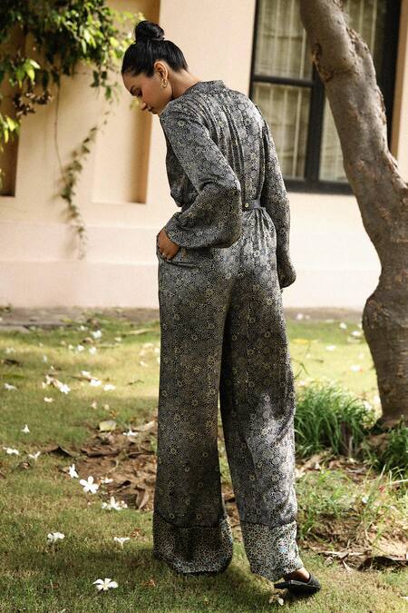 Shop Grassroot By Anita Dongre Black Modal Embroidery Collared Sweep Ajrakh Hand Block Print Jumpsuit at Aza Fashions Shop_Grassroot By Anita Dongre_Black Modal Embroidery Collared Sweep Ajrakh Hand Block Print Jumpsuit_at_Aza_Fashions