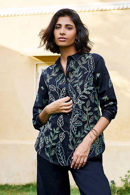 Grassroot By Anita Dongre_Black Cotton, Modal Embroidery Collared Lush Sewa Hand Shirt And Pant Set _Online_at_Aza_Fashions