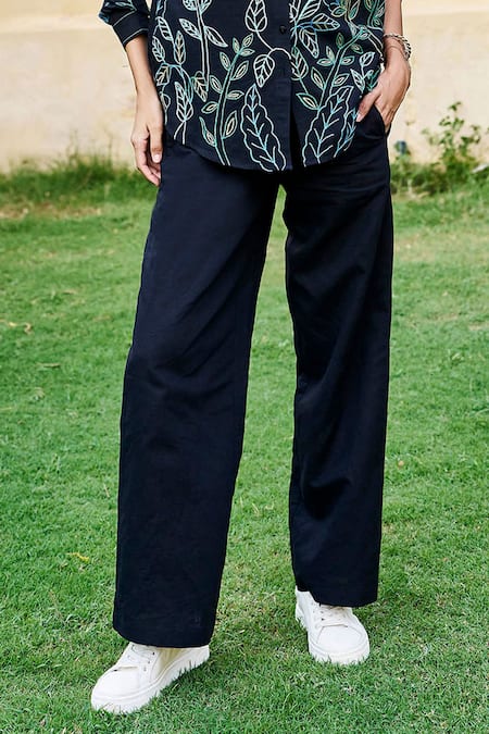 Buy_Grassroot By Anita Dongre_Black Cotton, Modal Embroidery Collared Lush Sewa Hand Shirt And Pant Set _Online_at_Aza_Fashions