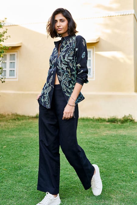 Shop_Grassroot By Anita Dongre_Black Cotton, Modal Embroidery Collared Lush Sewa Hand Shirt And Pant Set _Online_at_Aza_Fashions