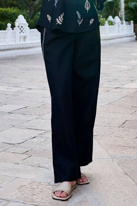 Grassroot By Anita Dongre_Black Cotton, Modal Embroidery Collared Springtime Sewa Top And Pant Set_Online_at_Aza_Fashions