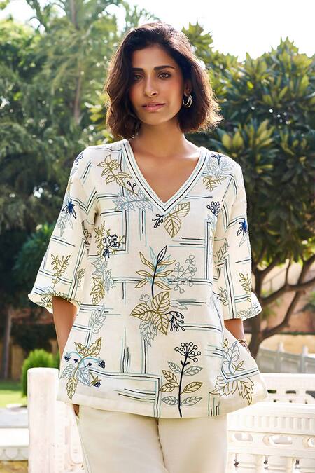 Grassroot By Anita Dongre_White Cotton, Modal Embroidery V-neck Orchard Sewa Top With Pant_Online_at_Aza_Fashions