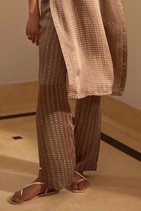 Grassroot By Anita Dongre_Brown Modal V-neck Laze Hand Block Print Kurta And Pant Co-ord Set_Online_at_Aza_Fashions