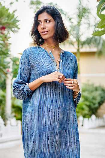 Grassroot By Anita Dongre_Blue 62.5% Viscose + 37.5% Modal Notched Drift Hand Block Print Tunic With Pant_Online_at_Aza_Fashions