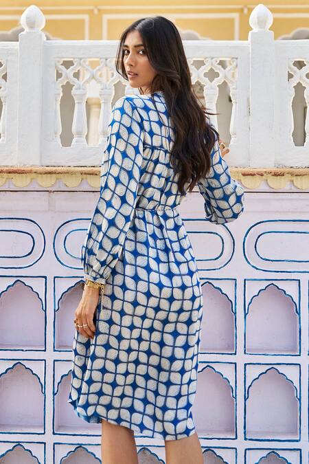 Shop_Grassroot By Anita Dongre_Blue Viscose, Modal Tassels Split V-neck Fresco Hand Block Print Dress With Belt_at_Aza_Fashions