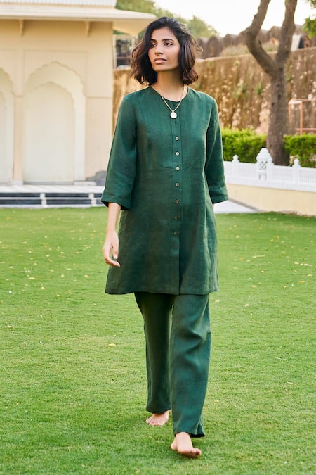 Buy Grassroot By Anita Dongre Green Hemp Round Neck Bayou Shirt Tunic And Pant Co-ord Set at Aza Fashions Buy_Grassroot By Anita Dongre_Green Hemp Round Neck Bayou Shirt Tunic And Pant Co-ord Set_at_Aza_Fashions