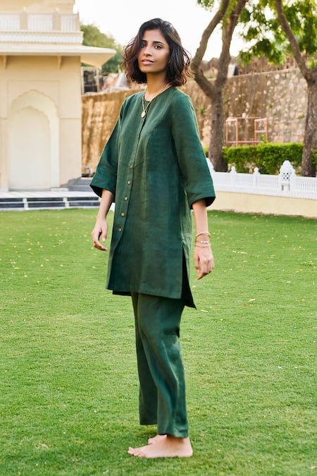 Shop Grassroot By Anita Dongre Green Hemp Round Neck Bayou Shirt Tunic And Pant Co-ord Set at Aza Fashions Shop_Grassroot By Anita Dongre_Green Hemp Round Neck Bayou Shirt Tunic And Pant Co-ord Set_at_Aza_Fashions