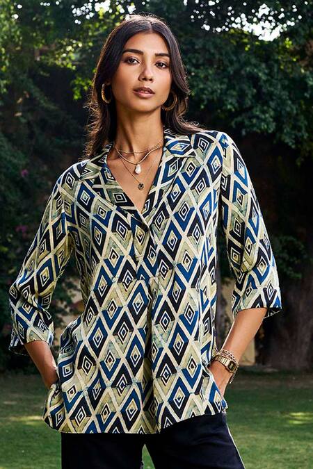 Grassroot By Anita Dongre_Multi Color Viscose, Modal Collared Fauna Ajrakh Hand Block Print Top_Online_at_Aza_Fashions