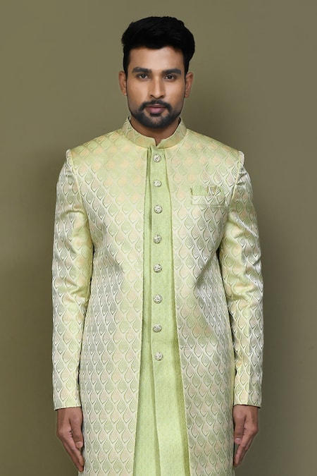 Shop_Arihant Rai Sinha_Green Jacquard, Silk Embroidery Flame Swirl Layered Sherwani With Aligadhi Pant _Online_at_Aza_Fashions