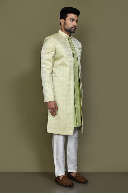 Buy_Arihant Rai Sinha_Green Jacquard, Silk Embroidery Flame Swirl Layered Sherwani With Aligadhi Pant 