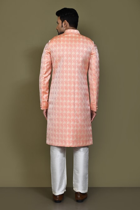 Shop_Arihant Rai Sinha_Peach Jacquard, Silk Bud Bloom Layered Sherwani With Aligadhi Pant _at_Aza_Fashions