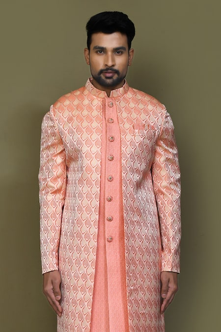 Shop_Arihant Rai Sinha_Peach Jacquard, Silk Bud Bloom Layered Sherwani With Aligadhi Pant _Online_at_Aza_Fashions