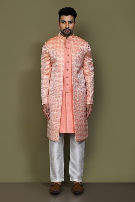 Arihant Rai Sinha_Peach Jacquard, Silk Bud Bloom Layered Sherwani With Aligadhi Pant _at_Aza_Fashions