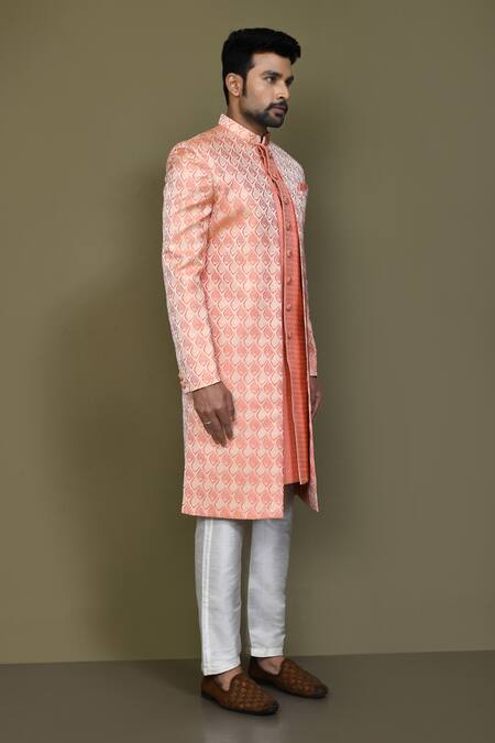 Shop_Arihant Rai Sinha_Peach Jacquard, Silk Bud Bloom Layered Sherwani With Aligadhi Pant 