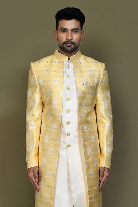 Shop_Arihant Rai Sinha_Yellow Jacquard, Silk, Satin Damask Layered Sherwani With Aligadhi Pant _Online_at_Aza_Fashions