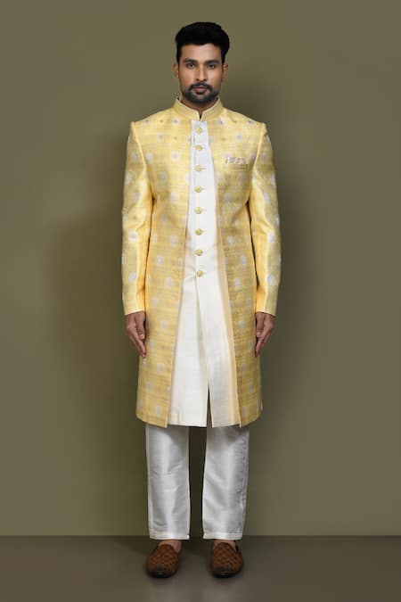 Arihant Rai Sinha_Yellow Jacquard, Silk, Satin Damask Layered Sherwani With Aligadhi Pant _at_Aza_Fashions