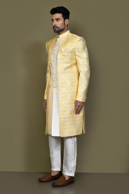 Buy_Arihant Rai Sinha_Yellow Jacquard, Silk, Satin Damask Layered Sherwani With Aligadhi Pant 