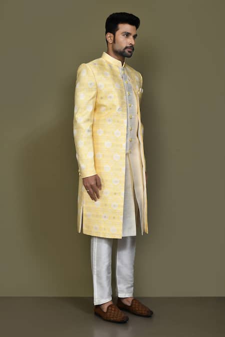 Shop_Arihant Rai Sinha_Yellow Jacquard, Silk, Satin Damask Layered Sherwani With Aligadhi Pant 