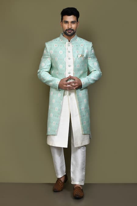 Aryavir Malhotra Green Layered Sherwani Jaquard Silk Bud Bloom Damask With Aligadhi Pant