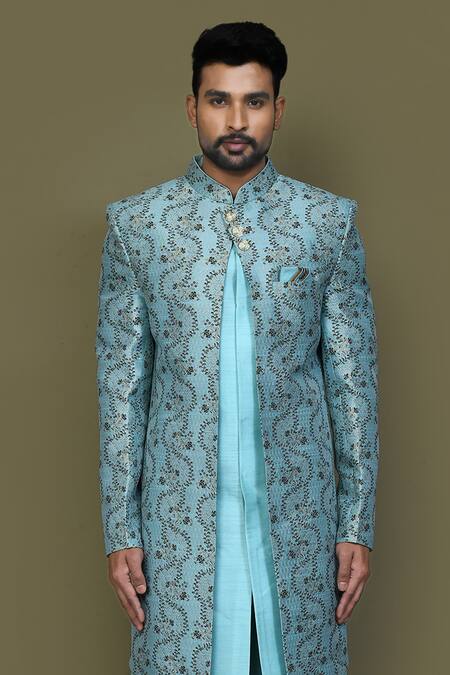 Shop_Arihant Rai Sinha_Blue Jacquard, Silk Sequins Vine Bloom Layered Sherwani With Aligadhi Pant _Online_at_Aza_Fashions