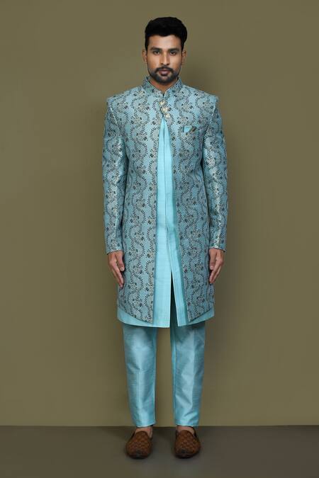 Arihant Rai Sinha_Blue Jacquard, Silk Sequins Vine Bloom Layered Sherwani With Aligadhi Pant _at_Aza_Fashions