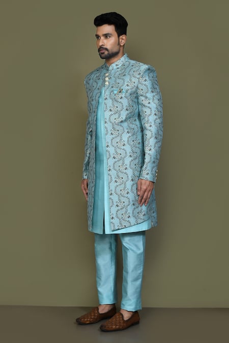 Buy_Arihant Rai Sinha_Blue Jacquard, Silk Sequins Vine Bloom Layered Sherwani With Aligadhi Pant 