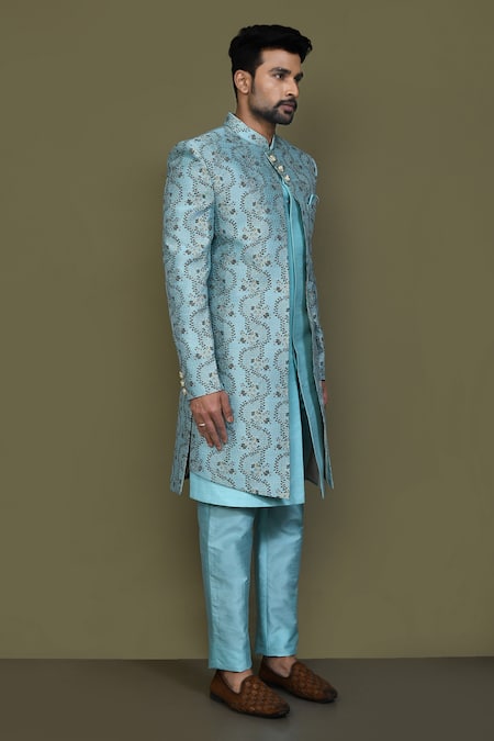 Shop_Arihant Rai Sinha_Blue Jacquard, Silk Sequins Vine Bloom Layered Sherwani With Aligadhi Pant 