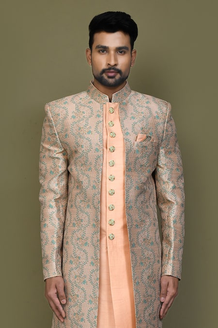 Shop_Arihant Rai Sinha_Peach Jacquard, Silk Ivy Vine Layered Sherwani With Aligadhi Pant _Online_at_Aza_Fashions