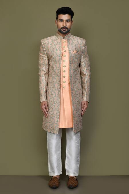 Arihant Rai Sinha_Peach Jacquard, Silk Ivy Vine Layered Sherwani With Aligadhi Pant _at_Aza_Fashions
