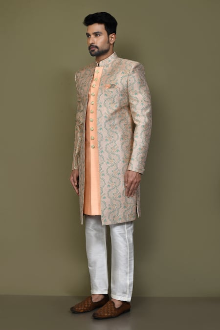 Buy_Arihant Rai Sinha_Peach Jacquard, Silk Ivy Vine Layered Sherwani With Aligadhi Pant 