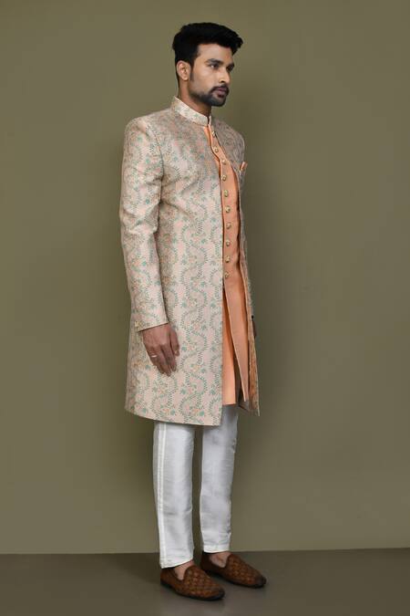 Shop_Arihant Rai Sinha_Peach Jacquard, Silk Ivy Vine Layered Sherwani With Aligadhi Pant 