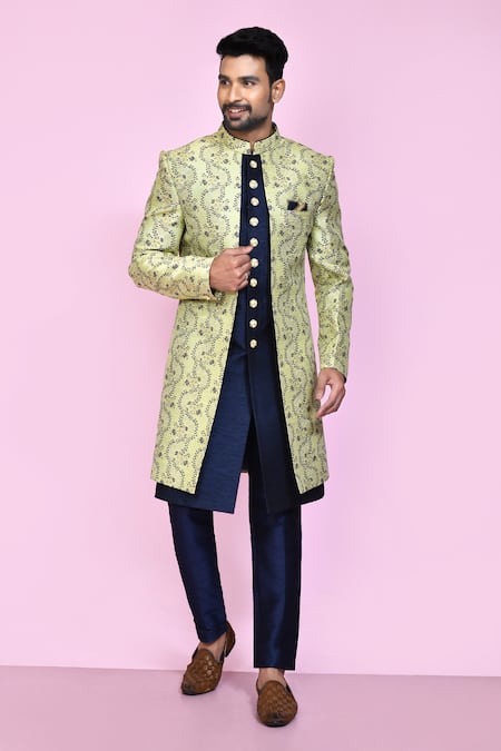 Aryavir Malhotra Green Layered Sherwani Jaquard Silk Vine Gladiolus With Aligadhi Pant 