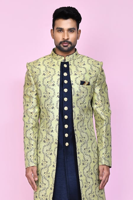 Shop_Arihant Rai Sinha_Green Jacquard, Silk Gladiolus Vine Layered Sherwani With Aligadhi Pant _Online_at_Aza_Fashions