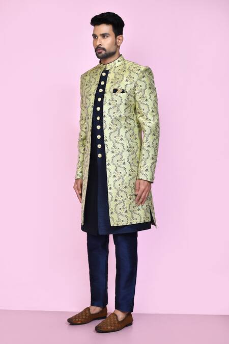 Buy_Arihant Rai Sinha_Green Jacquard, Silk Gladiolus Vine Layered Sherwani With Aligadhi Pant 