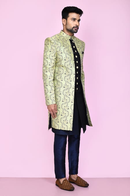 Shop_Arihant Rai Sinha_Green Jacquard, Silk Gladiolus Vine Layered Sherwani With Aligadhi Pant 