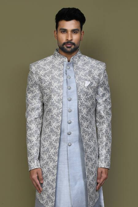 Shop_Arihant Rai Sinha_Off White Jacquard, Silk Vintage Fleur Layered Sherwani With Aligadhi Pant_Online_at_Aza_Fashions