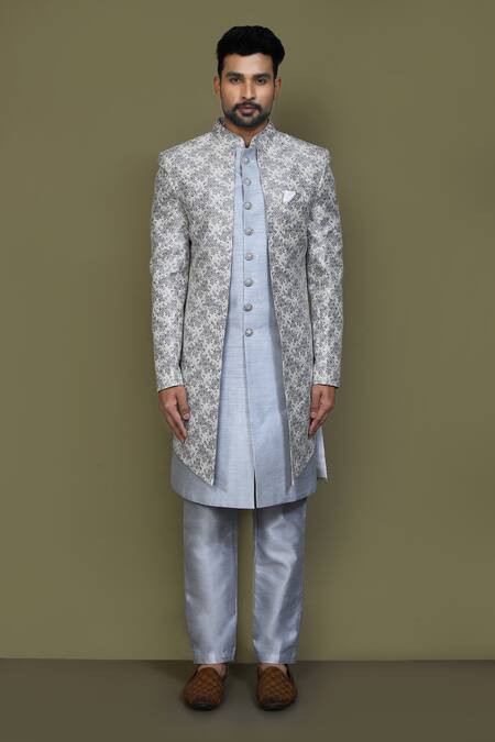 Arihant Rai Sinha_Off White Jacquard, Silk Vintage Fleur Layered Sherwani With Aligadhi Pant_at_Aza_Fashions