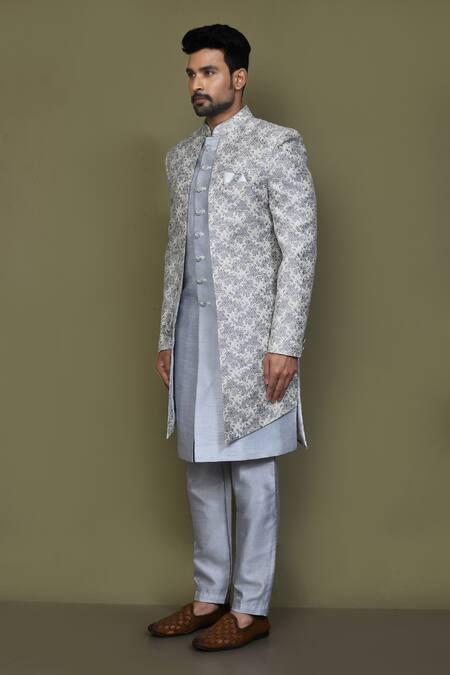 Buy_Arihant Rai Sinha_Off White Jacquard, Silk Vintage Fleur Layered Sherwani With Aligadhi Pant