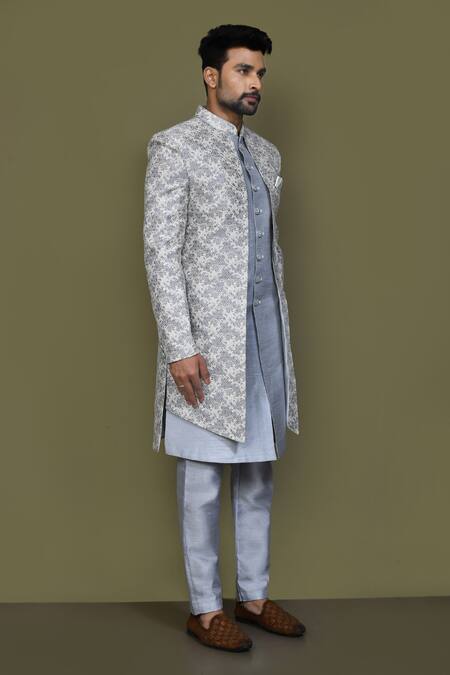 Shop_Arihant Rai Sinha_Off White Jacquard, Silk Vintage Fleur Layered Sherwani With Aligadhi Pant