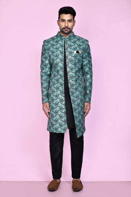 Buy_Arihant Rai Sinha_Green Jacquard, Silk Embroidery Vintage Iris Layered Sherwani With Aligadhi Pant _Online_at_Aza_Fashions